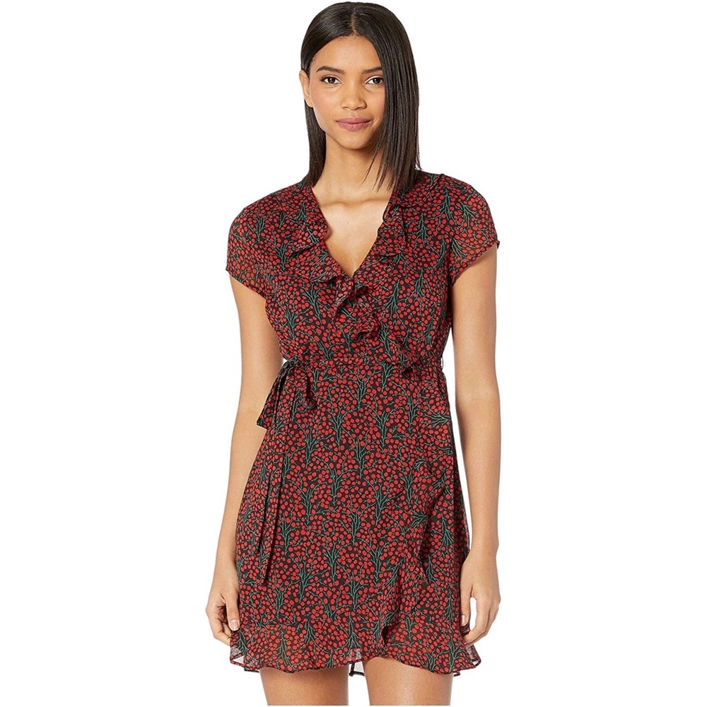 ✨NWT✨ BARDOT Cherry Print Faux Wrap Dress in Mini Cherry Red Black Sz Small